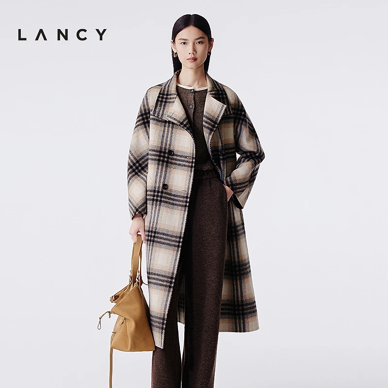 LANCY/朗姿2025冬新款复古格纹羊毛羊驼毛双面呢长大衣毛呢外套女