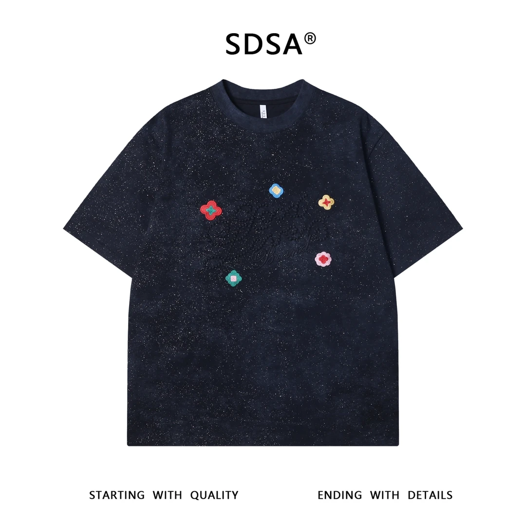 夏季高级感新款满天星刺绣字母花朵圆领短袖T恤百搭情侣设计上衣