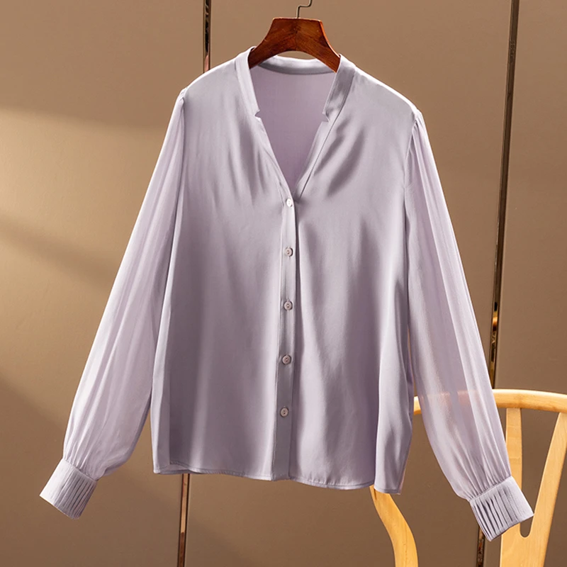 春天家 轻奢优雅 法G桑蚕丝弹力双乔拼乔其风琴褶袖V领衬衫女3W48