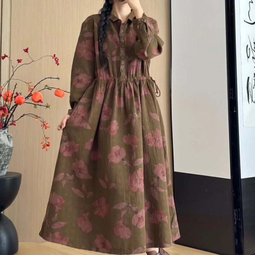 【雷氏布衣-秋林花灿】西缺秋冬棉麻刺绣宽松女装连衣裙印花双层
