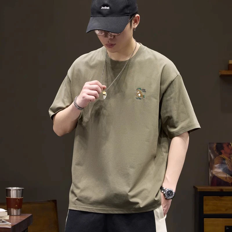 MR.MUDI/穆迪先生复古重磅纯棉短袖T恤男士夏季新款宽松简约刺绣