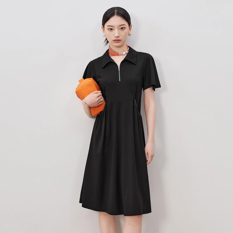 dunnu敦奴短袖中长款连衣裙休闲小黑裙8T250965