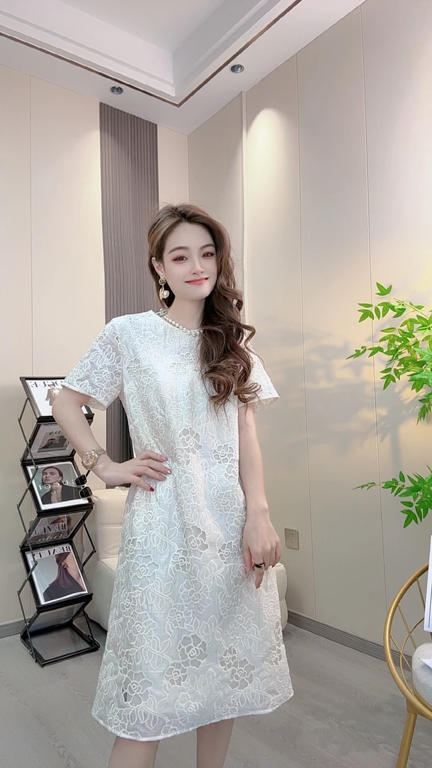 刺绣夏季宽松水溶花连衣裙旗袍女装气质时尚显瘦蕾丝提花25042