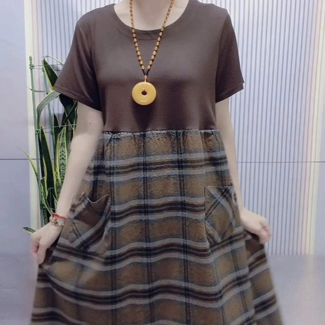夏季圆领拼接复古休闲短袖时尚洋气宽松腰连衣裙假两件裙子格子