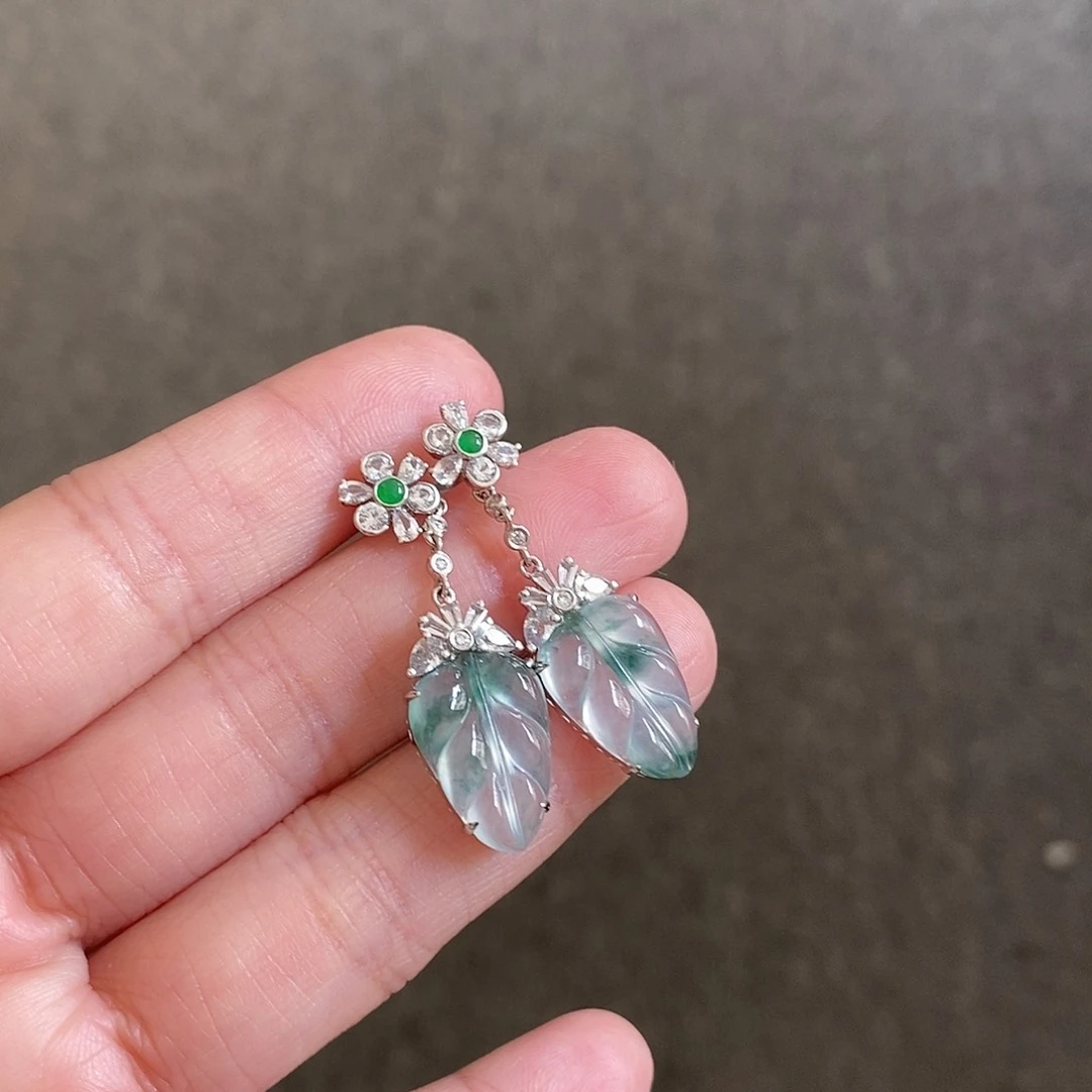 翡翠颈饰18K金镶嵌冰飘花金枝玉叶耳坠子