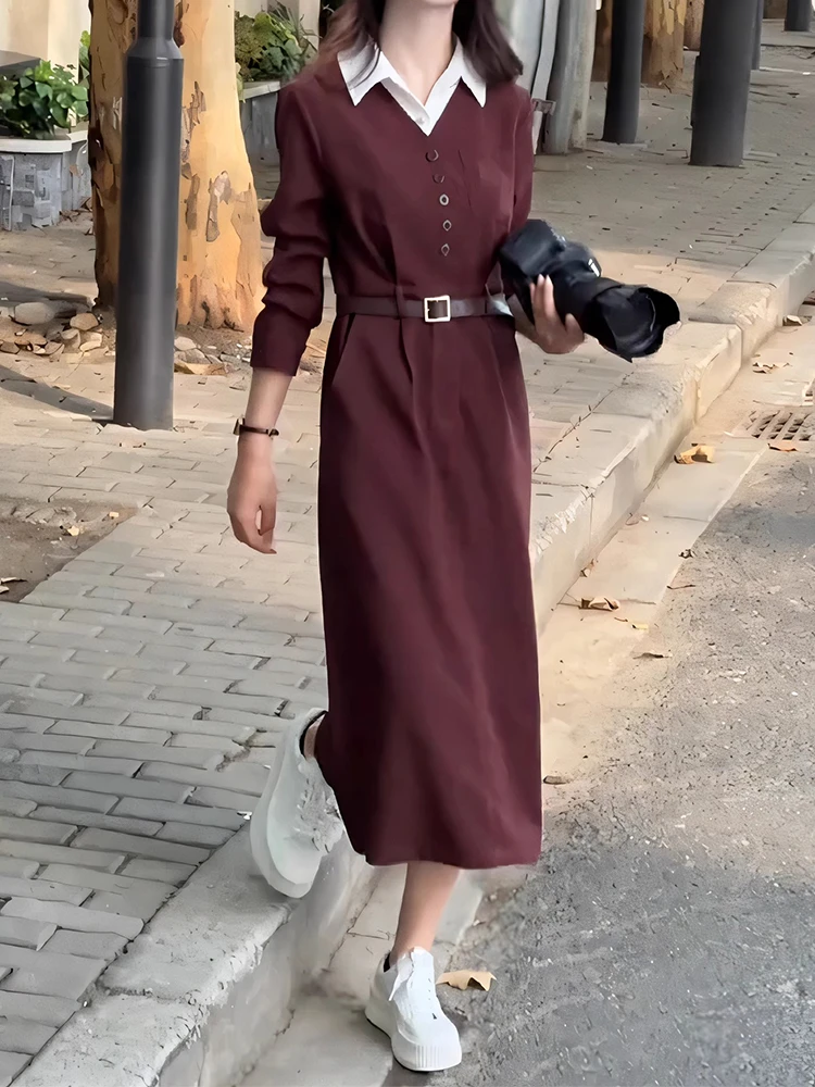 长袖连衣裙女2025年早秋新款气质中长款显瘦假两件polo衬衫裙子