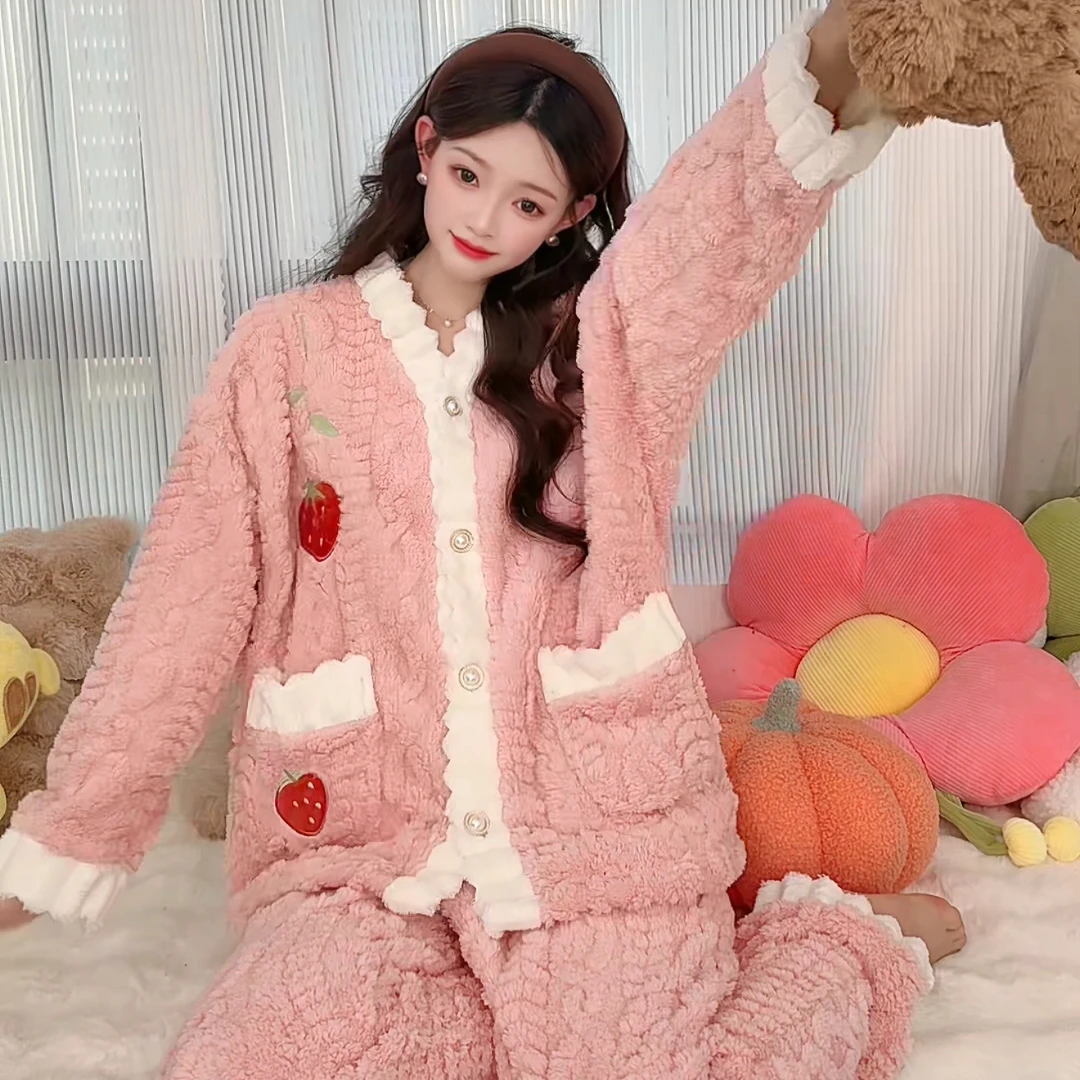 秋冬加绒加厚新款休闲宽松珊瑚绒保暖女睡衣家居服甜美可外穿