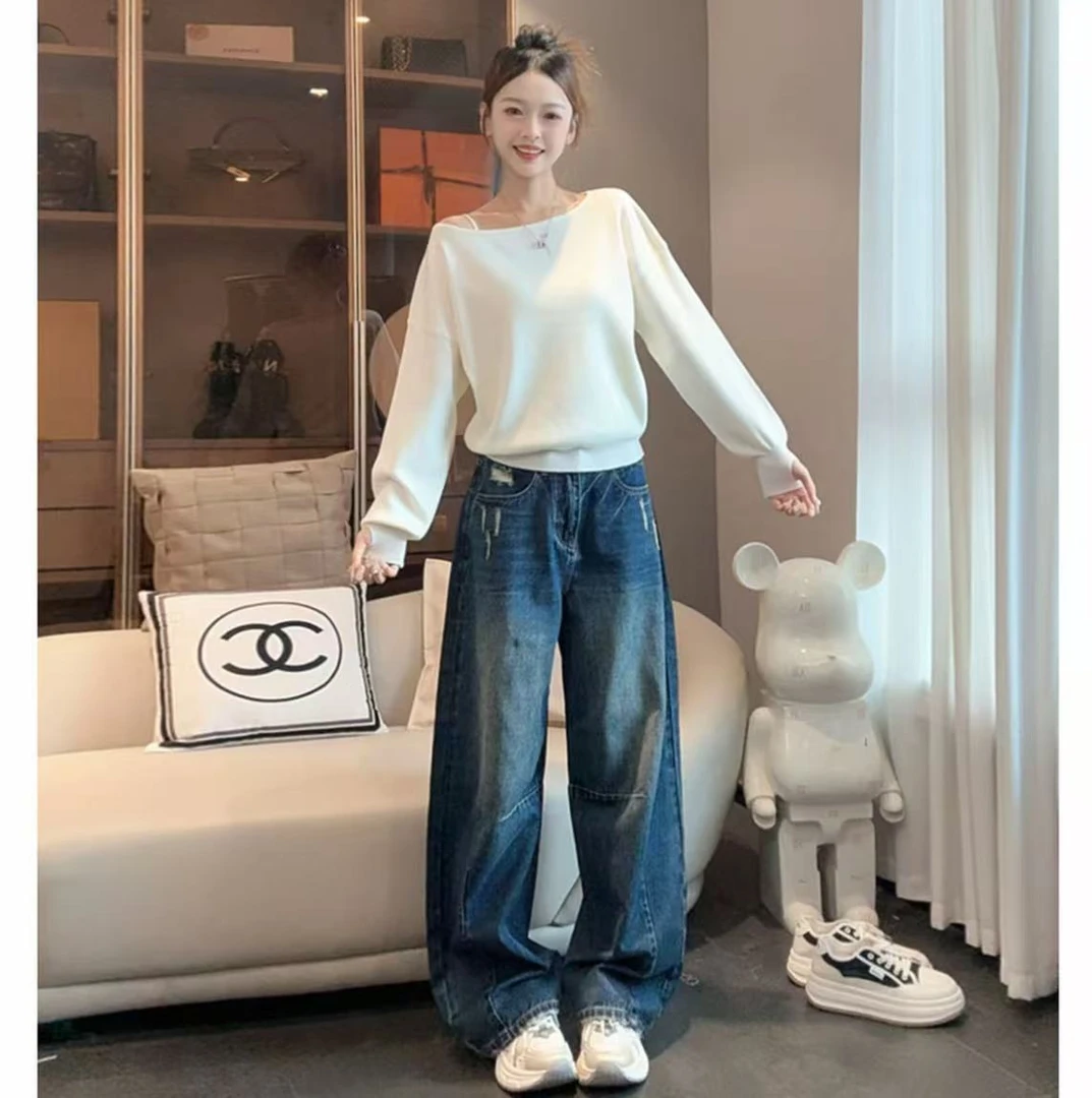 牛仔弯刀裤新款潮酷宽松2025早秋弯刀裤垂感高腰阔腿牛仔裤女