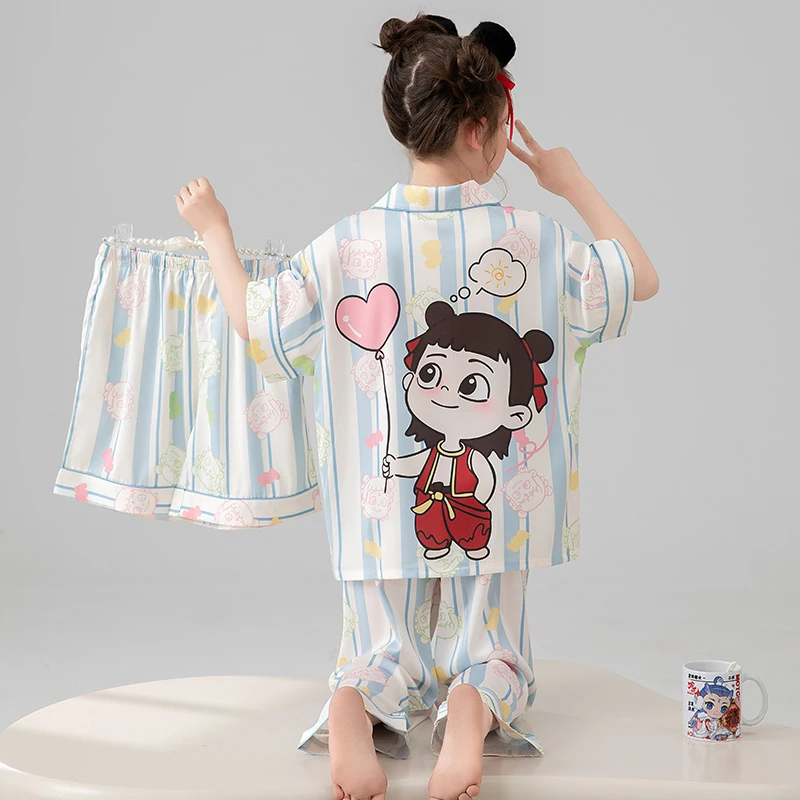 bejirog/北极绒中大童夏季时尚短袖翻领睡衣女童冰雪丝洋气三件套