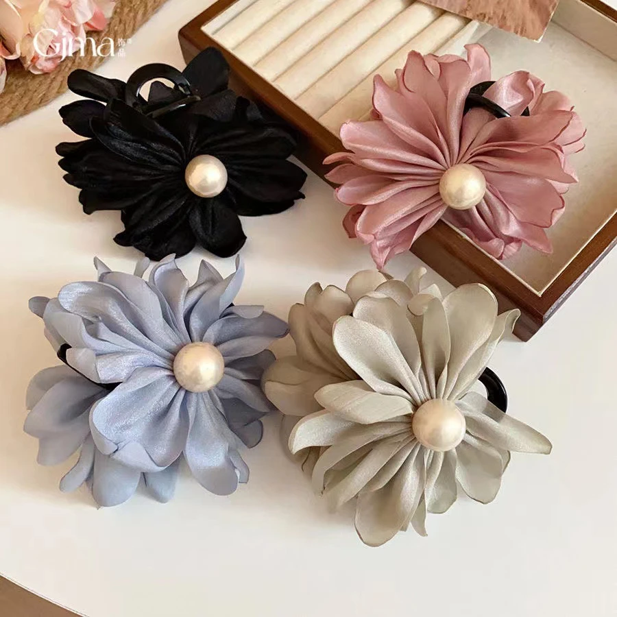 布艺珍珠花朵发夹小众精致气质甜美抓夹女脑勺简约时尚百搭法式