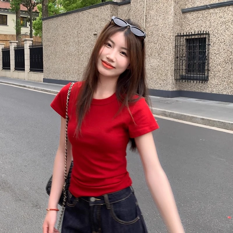 龙妹红色圆领正肩短袖T恤女装2025新款多巴胺初夏韩系修身上衣