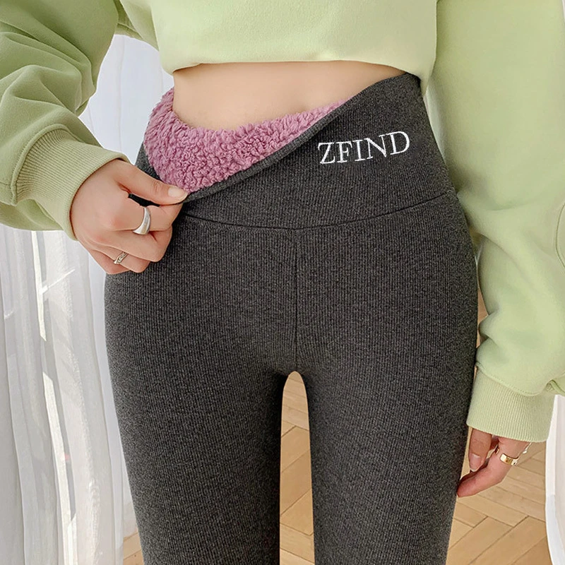 瑜伽裤秋冬保暖裤螺纹棉竖条灰打底裤云朵绒女新款高腰外穿跨境Y