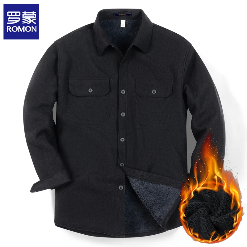 罗蒙冬季新款男士长袖灯芯绒保暖衬衫男加绒加厚休闲百搭衬衣商务