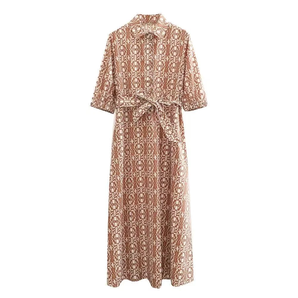 GXO春夏夏季新品女装棉府绸印花衬衫式新款收腰碎花连衣裙LYQ0064