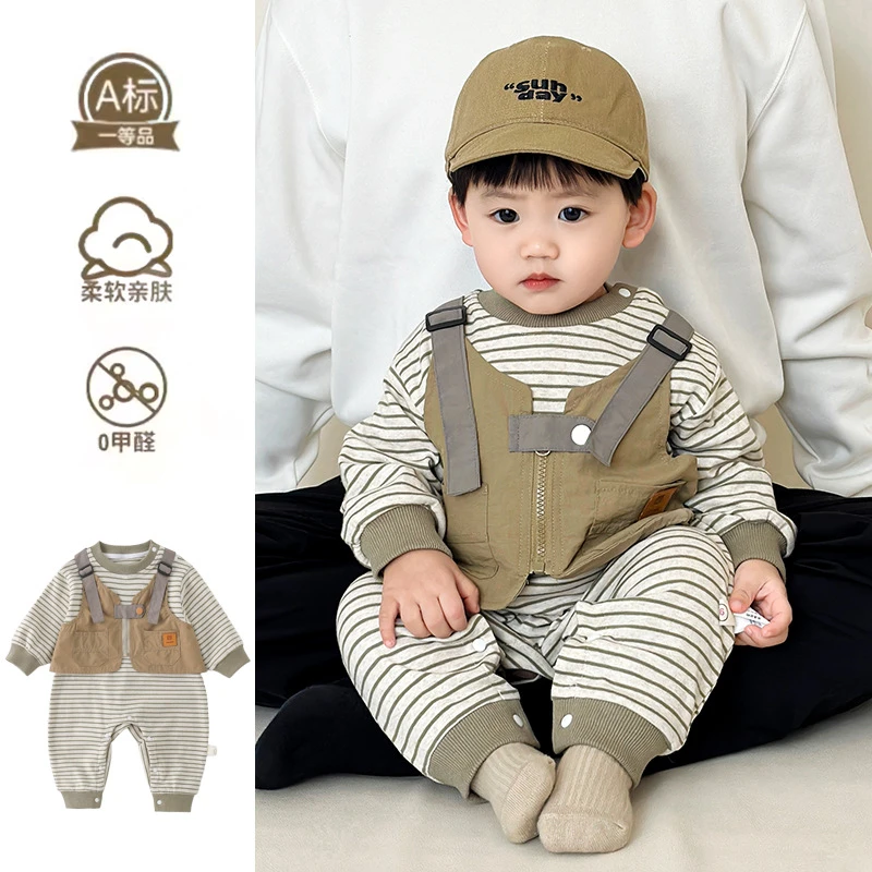 婴儿连体衣服春秋款秋装春季纯棉套装0一6个月12男宝宝春天外出服
