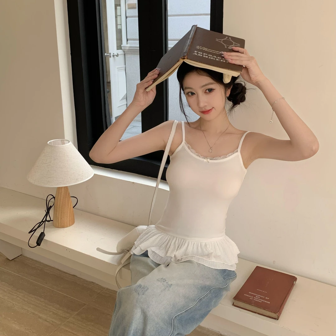 【青仓】蝴蝶结吊带背心女春季蕾丝花边下摆修身叠穿内搭上衣25029