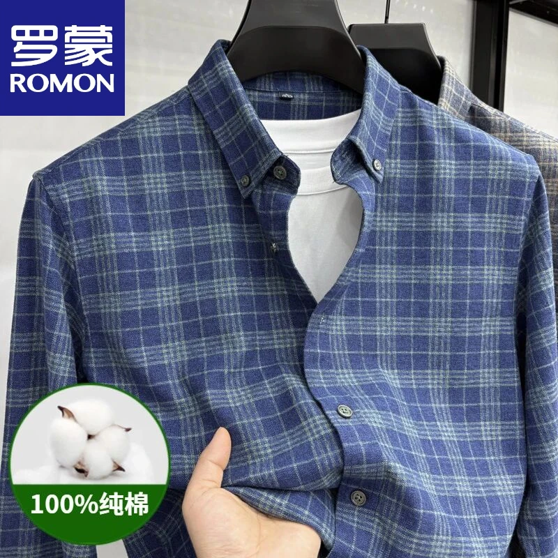 罗蒙品牌新款100%纯棉长袖村衫商务休闲潮格子衫柔软舒适衬衣男装