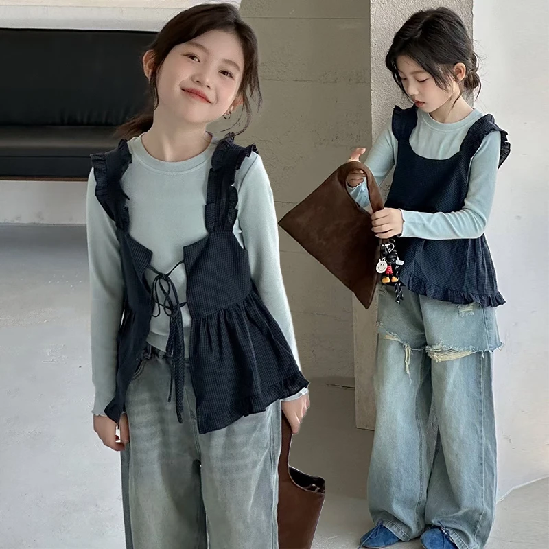 女童秋季6-15岁套装2025新款韩版儿童秋款女孩格子背心两件套潮流