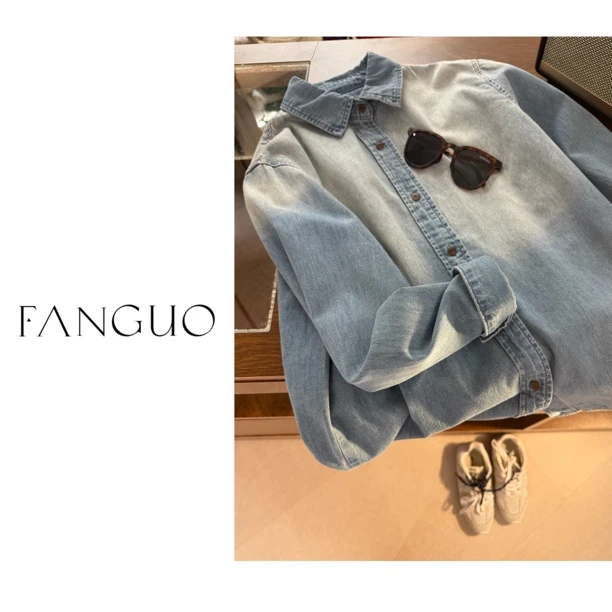 巨柔软100%棉！复古洗水浅蓝牛仔衬衫女衬衣春款  27339