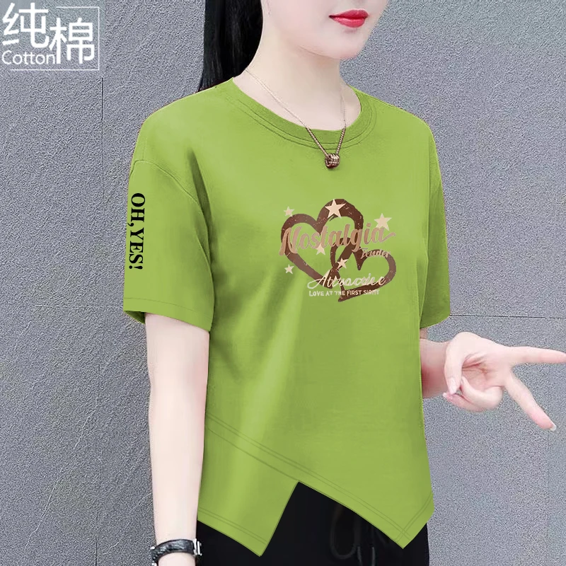 2025夏季新款100%纯棉短袖T恤女士别致百搭不规则设计女士短袖t恤