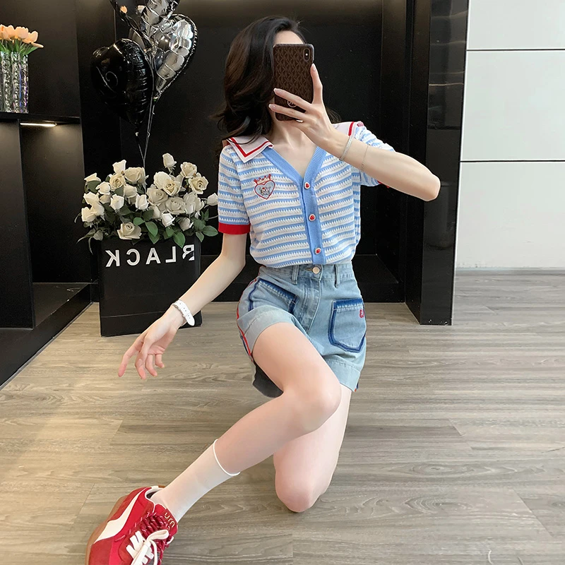 小个子穿搭一整套夏季洋气海军领针织衫显瘦百搭牛仔短裤两件套潮