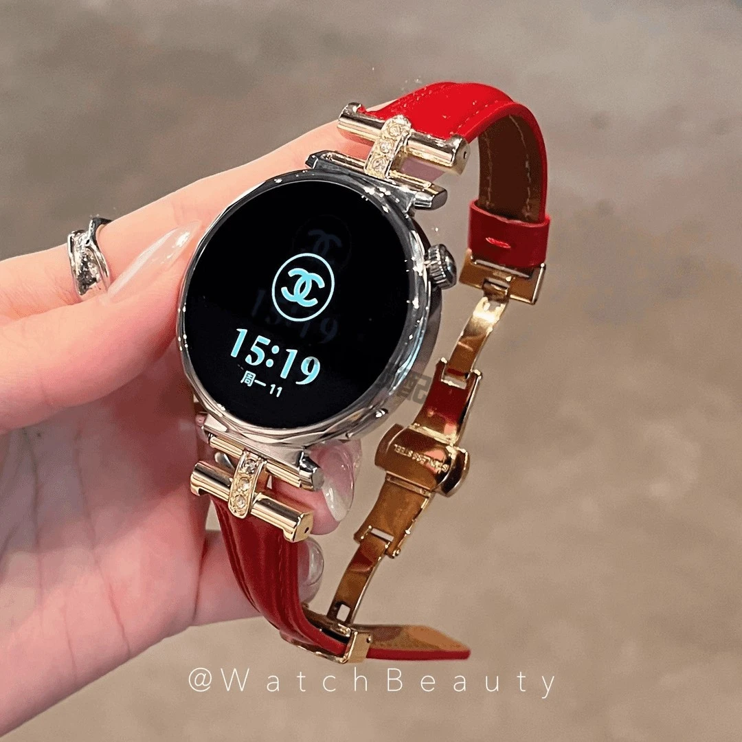 适用华为真皮gt4gt5progt6watch5工字镶钻蝴蝶扣女款fit4手表表带