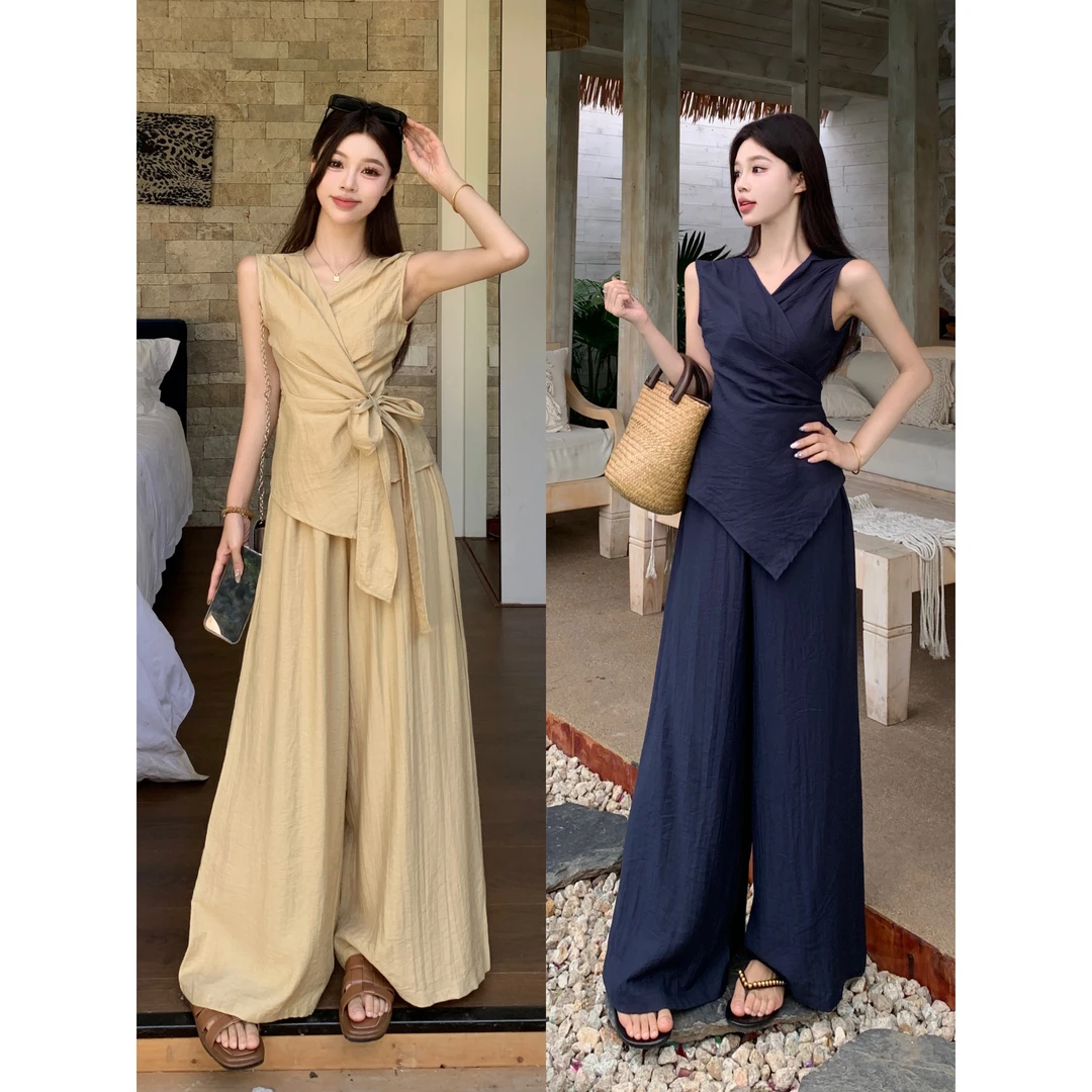 大码法式轻熟风交叉系带V领上衣高腰阔腿长裤高级感时尚气质套装