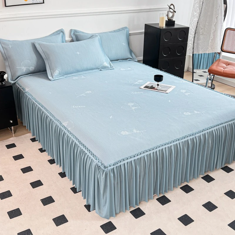 2025新款法式床裙款凉感冰丝印花三件套 夏利花边款可机洗席子