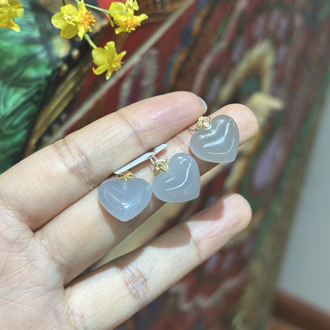 3874和田玉青海料18K金镶嵌烟紫爱心约14*14*5多样性发其一