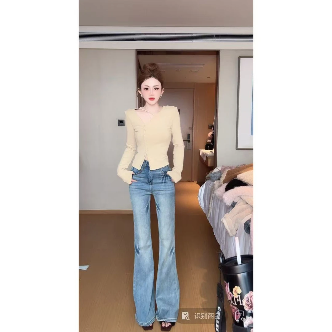 曼曼【暗扣计划】V领斜杠排扣修身显瘦上衣女8085#