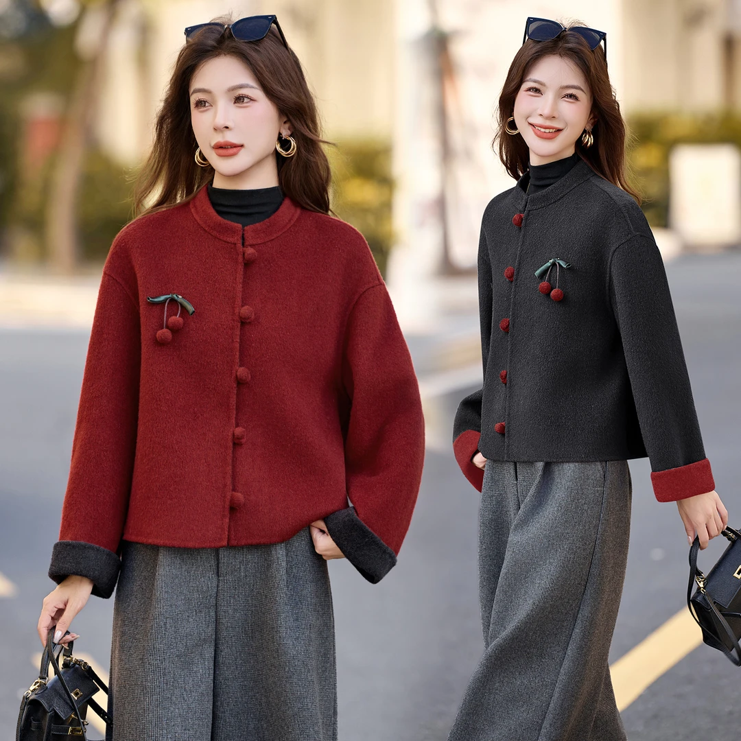 新中式双面羊毛外套女2025年秋冬新款小个子撞色拼接短款毛呢上衣