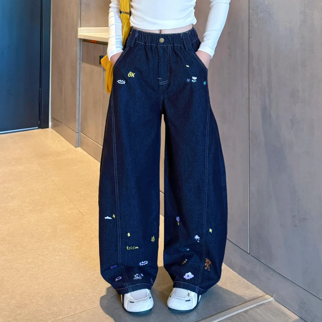 弯刀牛仔裤女童2025新款洋气直筒儿童裤子秋季大童女孩宽松阔腿裤
