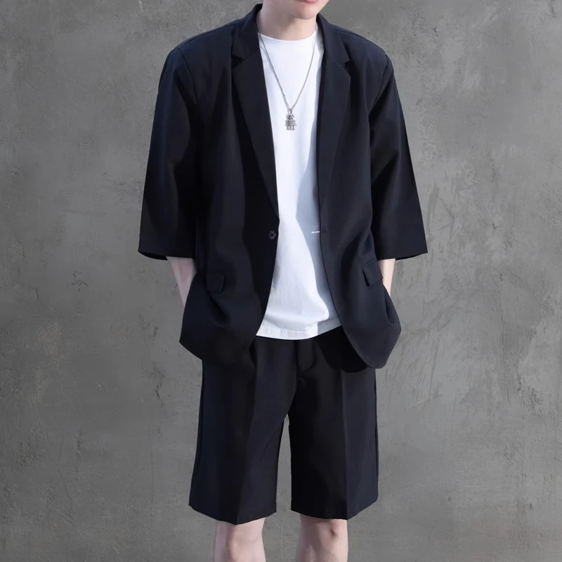 夏季新款短袖西服三件套装男生西装外套搭配五分小西裤三件套男士