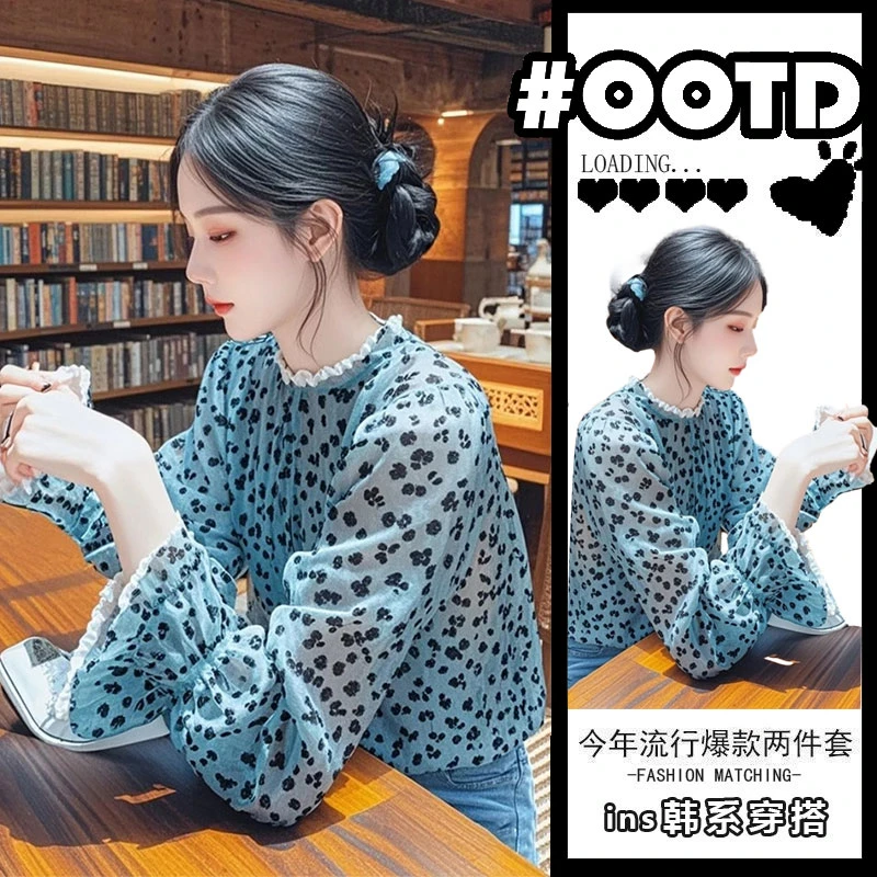 法式气质蓝色碎花泡泡袖衬衫女2025春季新款今年流行超好看衬衣服