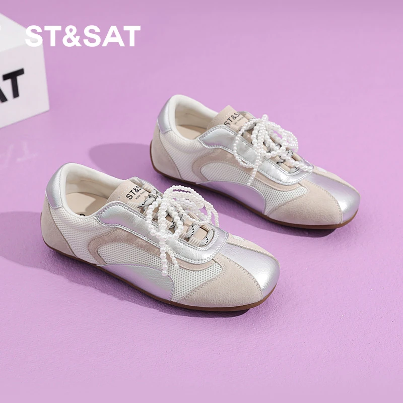 星期六真皮3.5CM德训鞋女秋季新款百搭厚底休闲鞋网面透气运动鞋