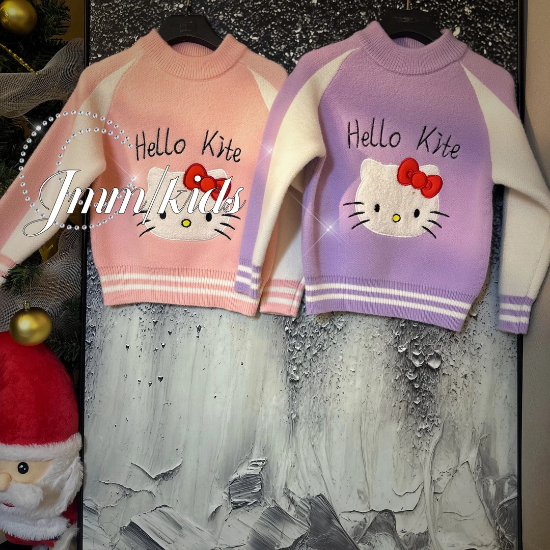 F042【秋冬款】D055针织毛衣秋冬卡通图案kt猫洋气百搭儿童上衣