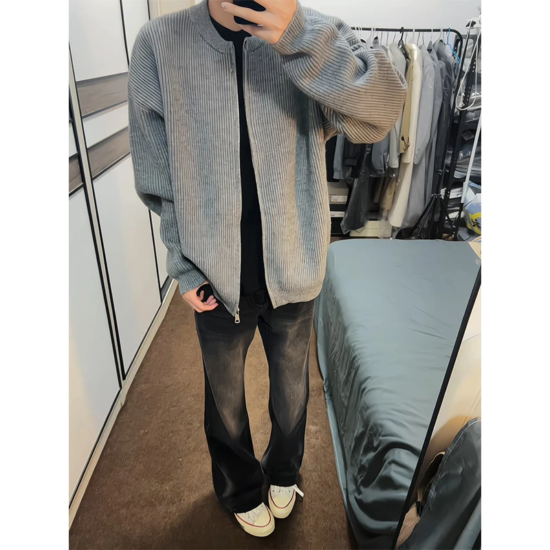 美式复古vintage深灰色阔腿牛仔裤男款水洗做旧cleanfit宽松裤子