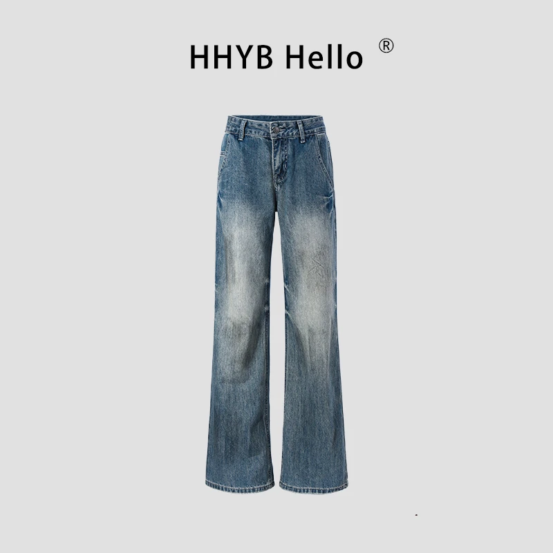 HHYB Hello2025复古中低腰百搭休闲裤显瘦阔腿直筒牛仔裤Q254147