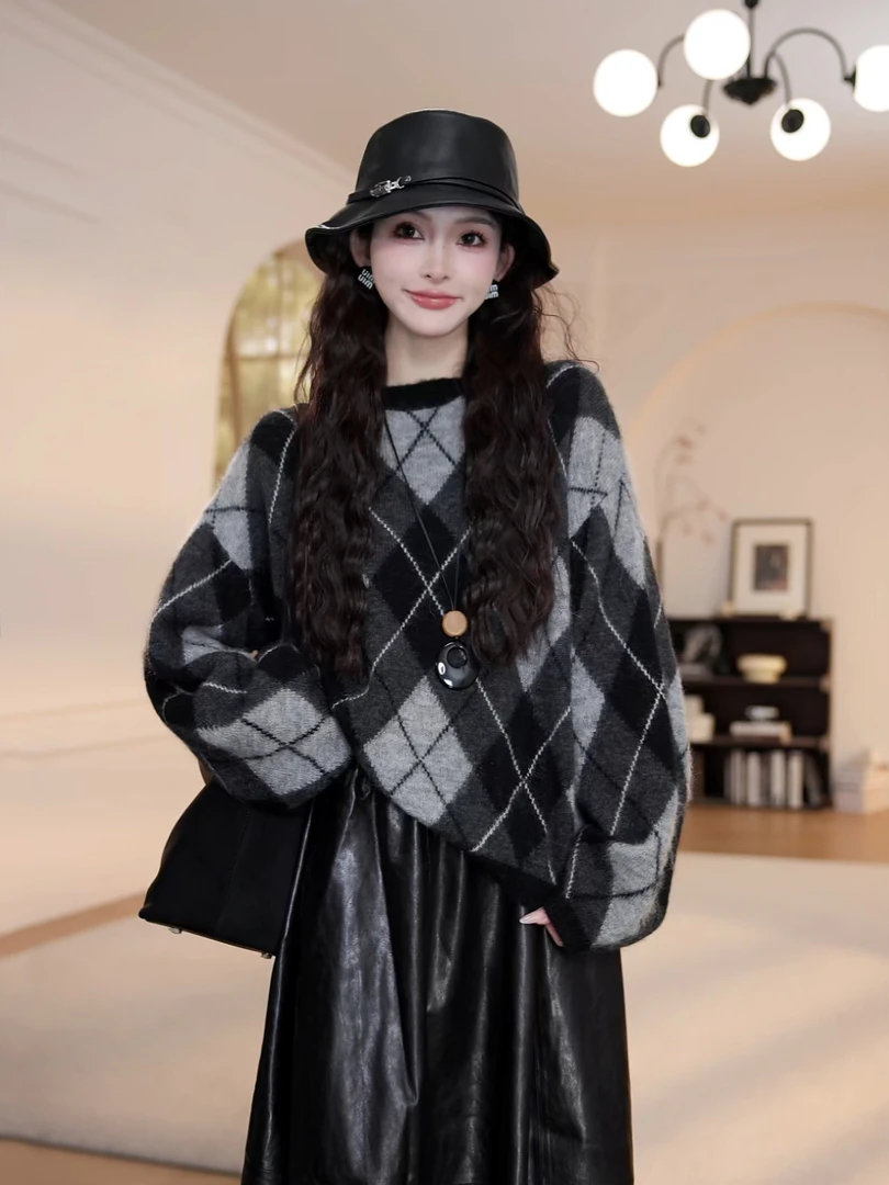 【YANYAN】菱形格毛衣外套要女秋季新款圆领套头长袖针织衫上衣8777