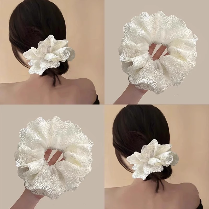 精致四层蕾丝网纱轻奢大肠发圈扎马尾发绳丸子头皮筋百搭头绳