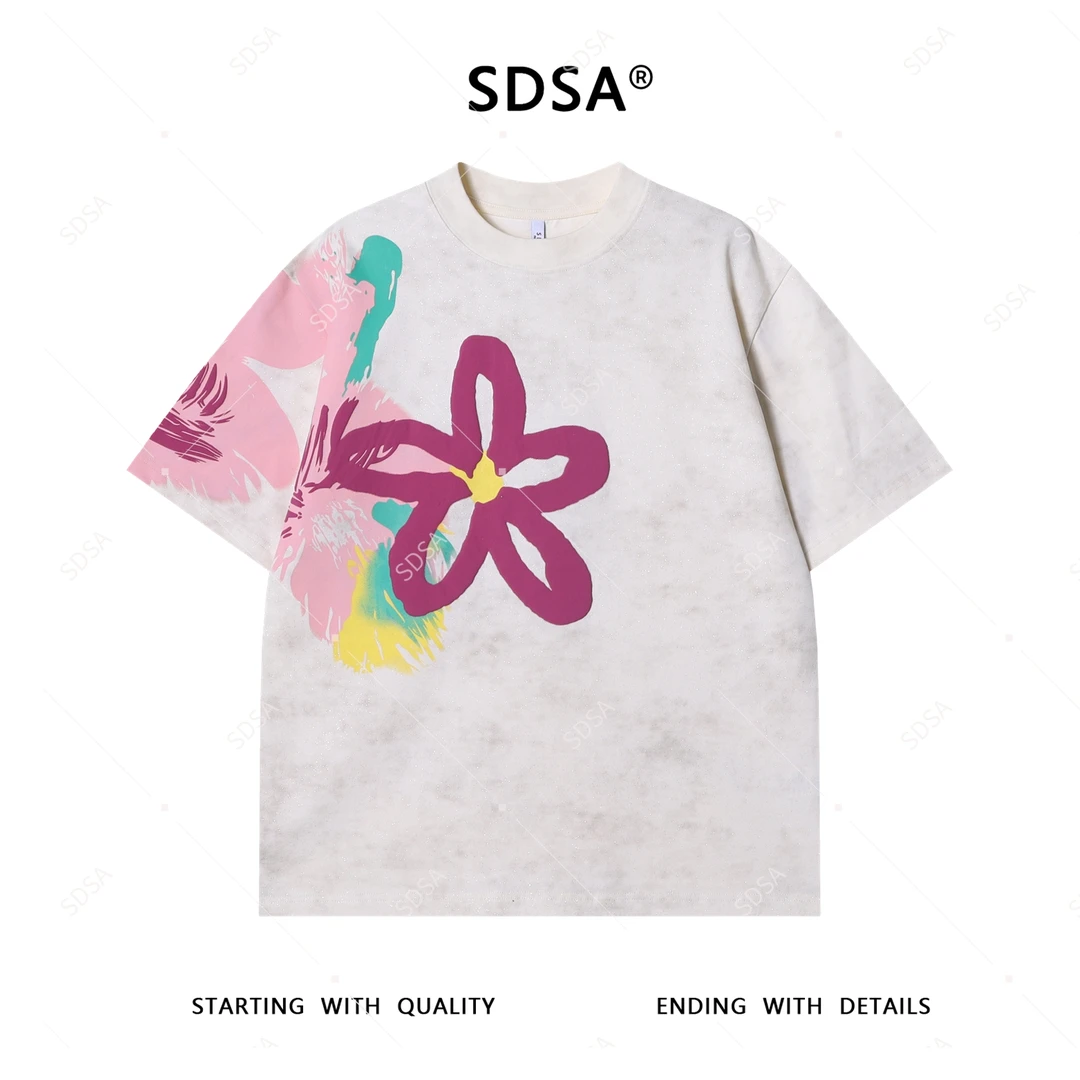 夏季高级感新款男士美式满天星花朵印花短袖T恤设计师重磅上衣