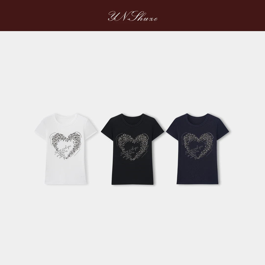 YN-SHUZE【爱心T】短款修身爱心嵌钻圆领短袖T恤SZ-YNB-2581