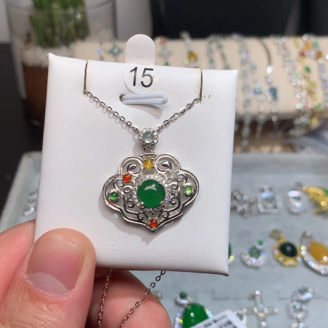 翡翠耳饰银S925镶嵌花***室天然翡翠项链