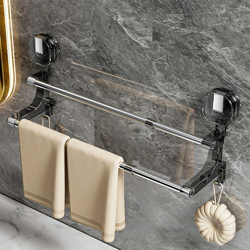 吸盘毛巾架子免打孔卫生间壁挂置物架浴室伸缩毛巾杆双杆挂架