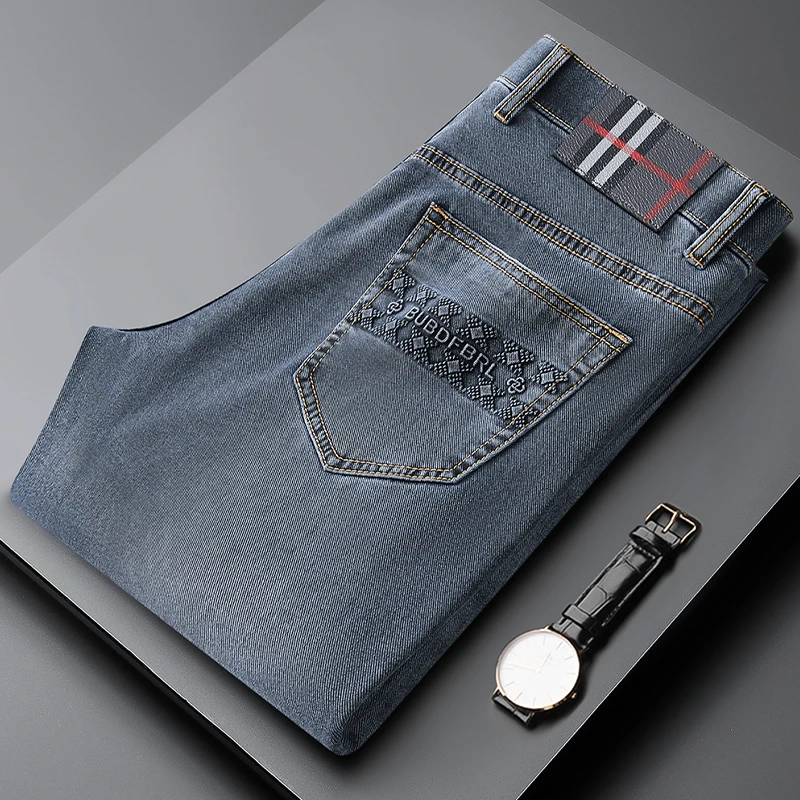 约文库费高端时尚春夏季男款牛仔裤修身中高腰深浅色弹力休闲长裤