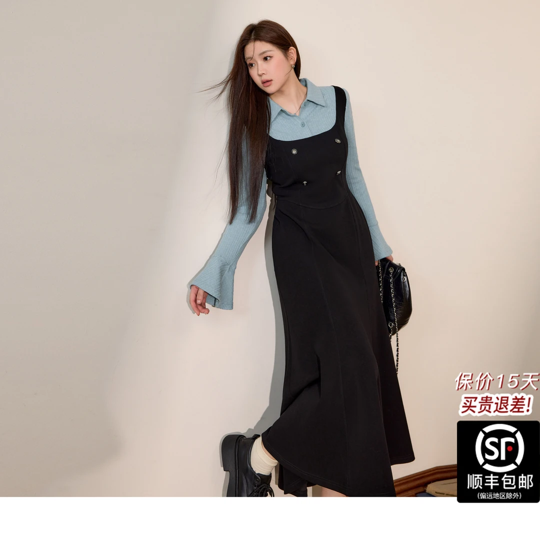 蓝语微胖M设计感假两件连衣裙2025秋新款显瘦遮肉a字长裙秋冬服装