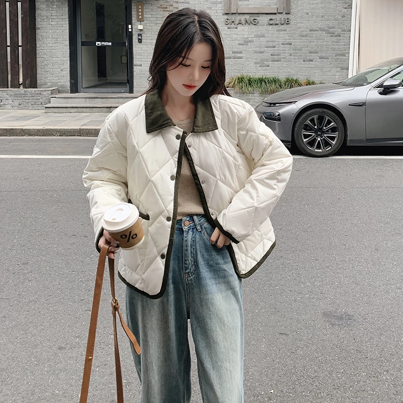 韩版复古菱格棉服外套女冬季2025新款翻领棉袄小个子短款棉衣