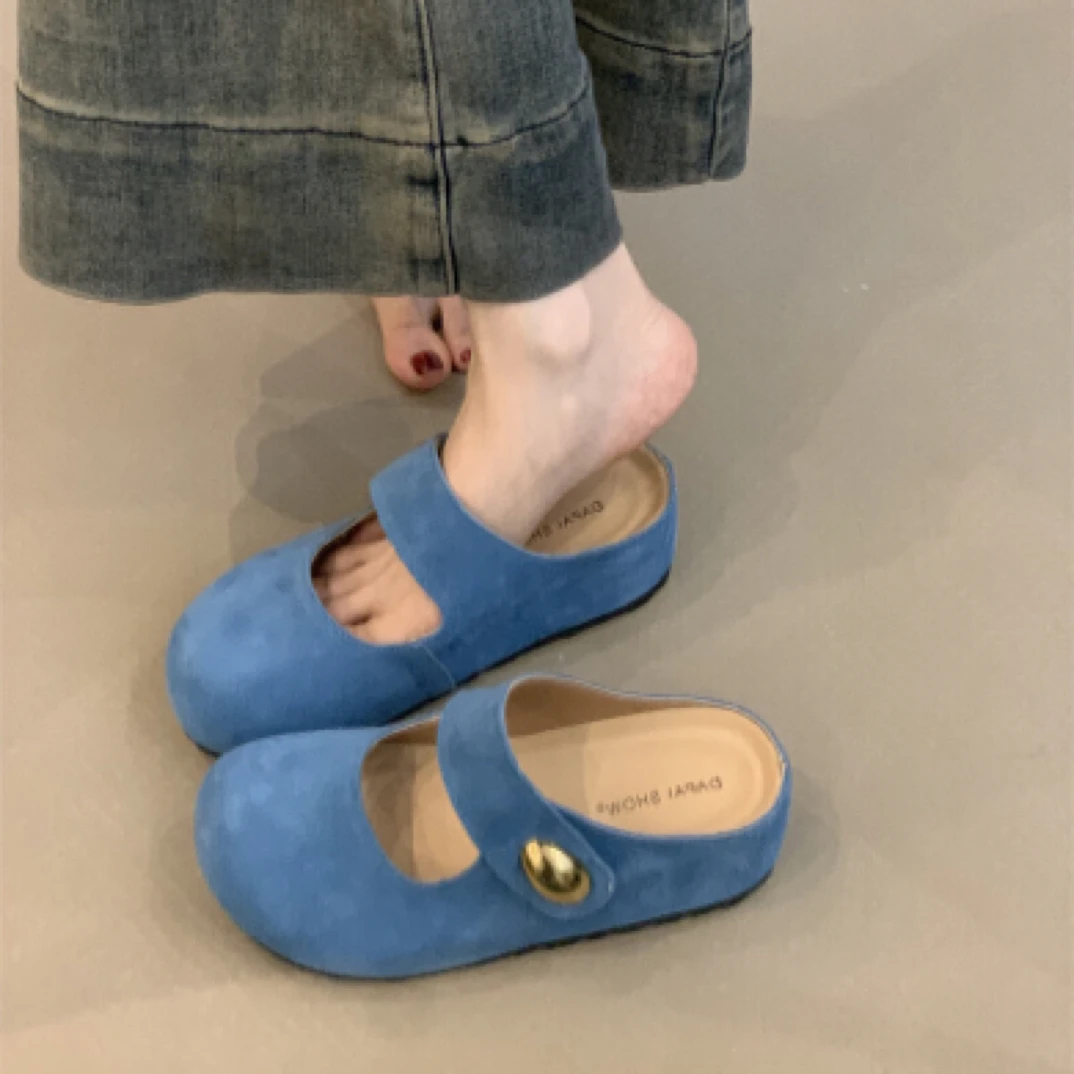 DPX-380复古厚底包头半拖鞋2025配裙子小金豆绒面内增高勃肯鞋