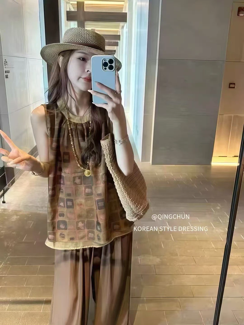 2736#新中式国风印花阔腿裤套装