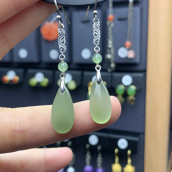 和田玉耳饰银S925镶嵌